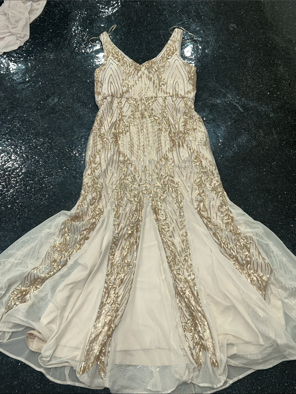 R&M Richards Aurora Dreamscape Evening Gown Ivory & Gold Hand-Beaded W/ Cover 14 - Picture 8 of 11